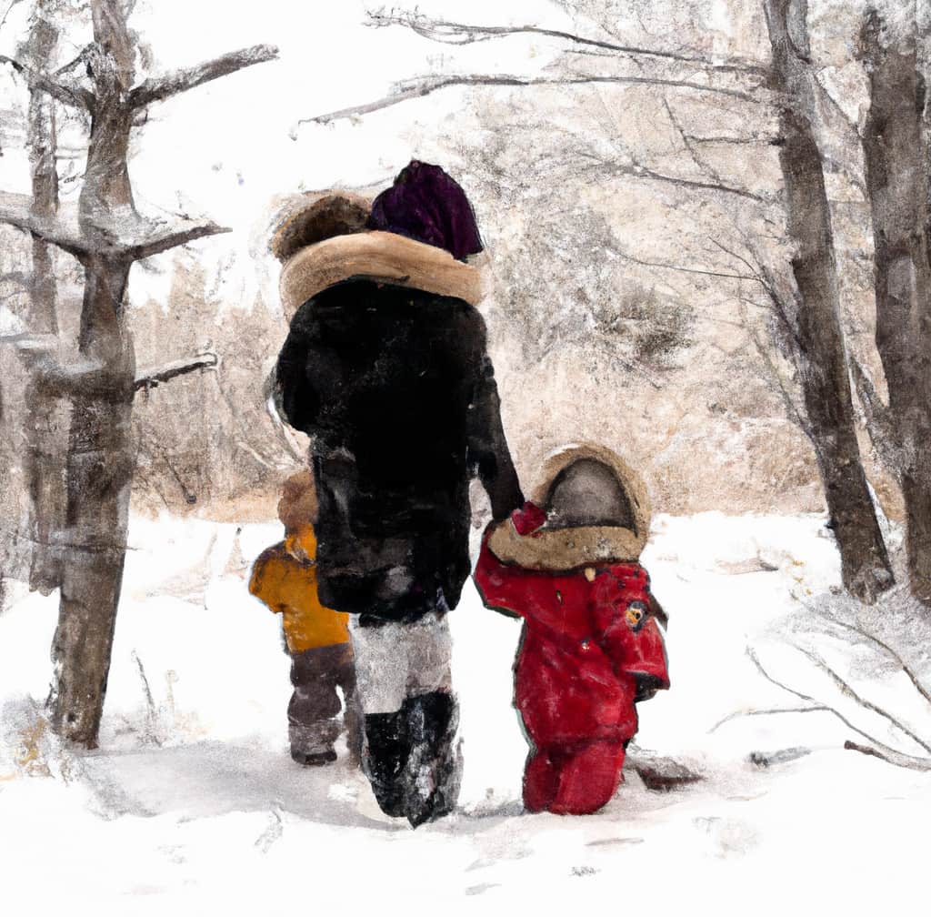Mom with kids walking in the woods